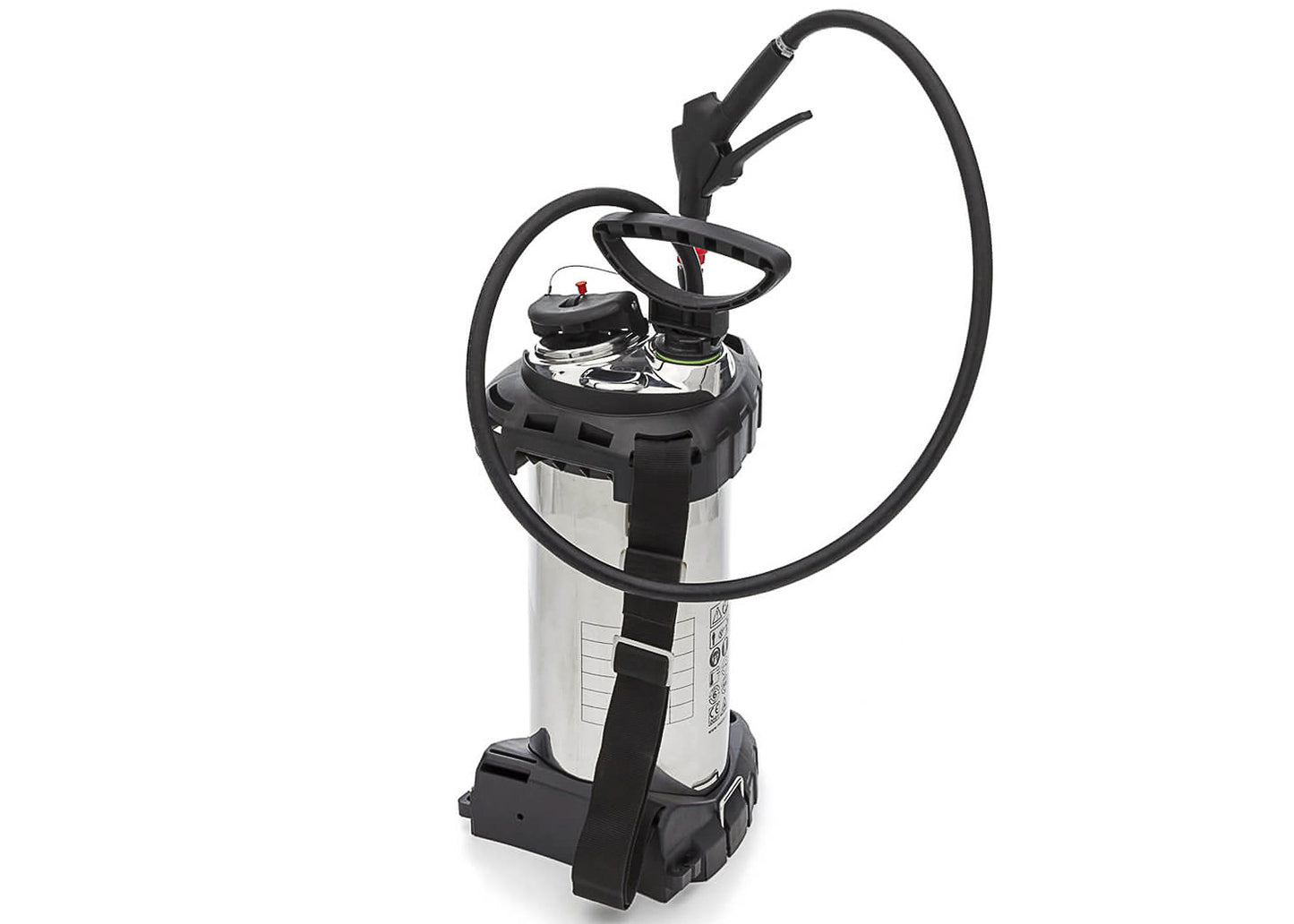 photo showing the back of the 10 litre tank of the Doyen sprayer, showing the shoulder strap and sealed hose