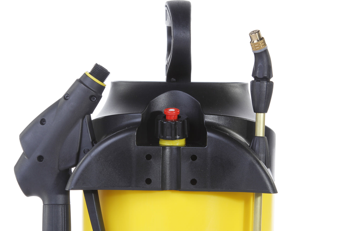 photo showing the adjustable brass nozzle and pressure release valve of our 5 litre garden sprayer