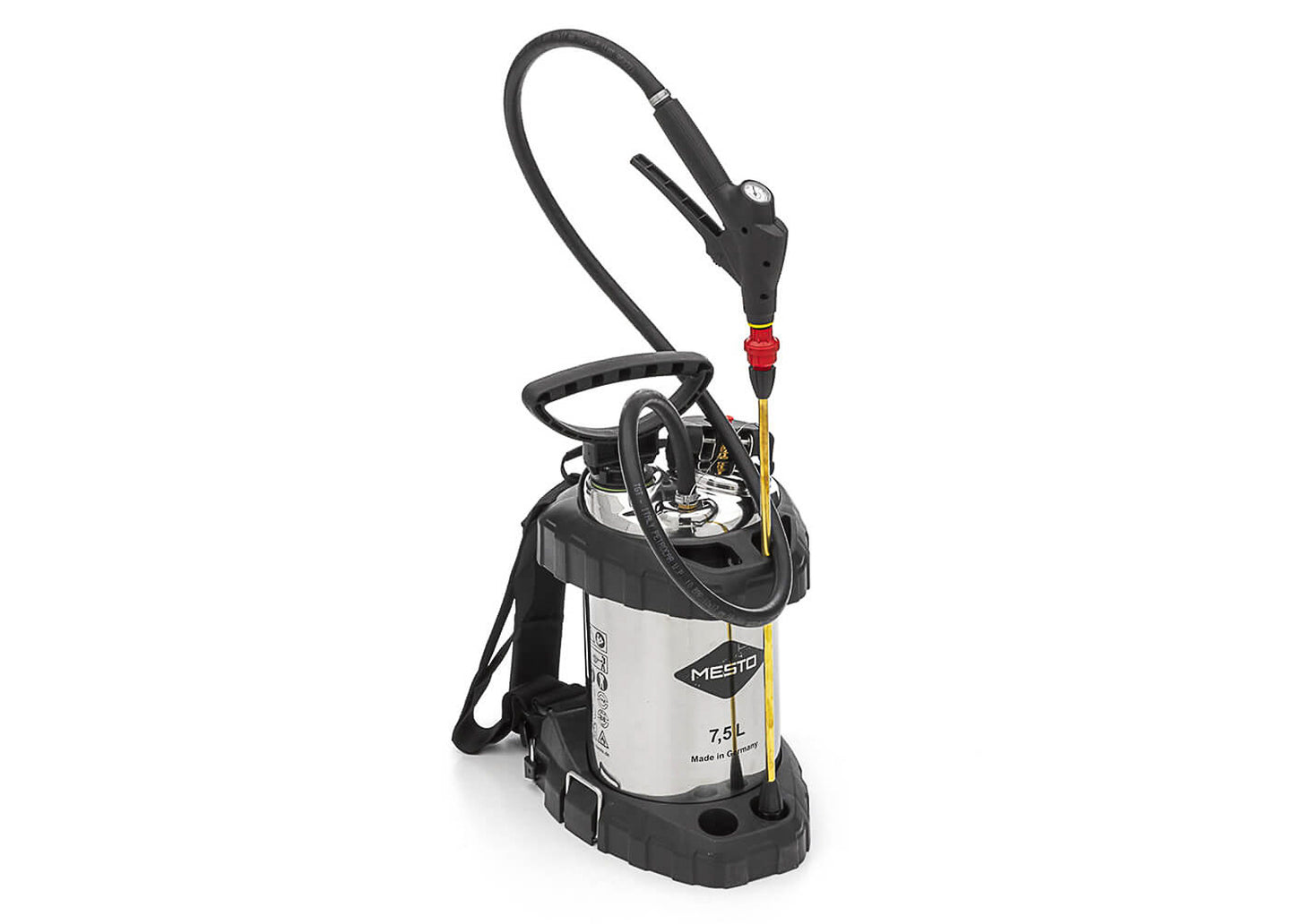 photo of our specialist stainless steel compression sprayer showing the sealed hose, pressure gauge, separate filling hole and constant pressure valve
