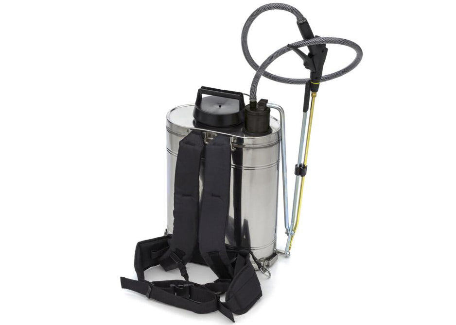 rear of our stainless steel backpack sprayer showing the waist and shoulder straps as well as hose and spray lance