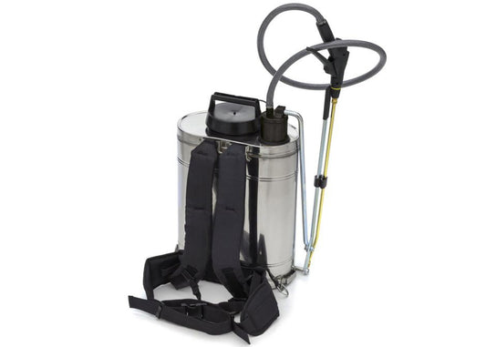 rear of our stainless steel backpack sprayer showing the waist and shoulder straps as well as hose and spray lance
