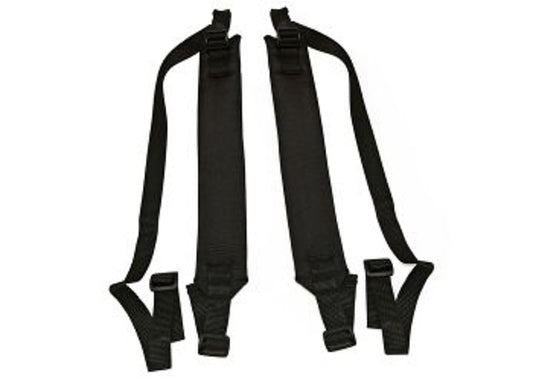 A pair of black padded shoulder straps with buckle closures and additional padding.