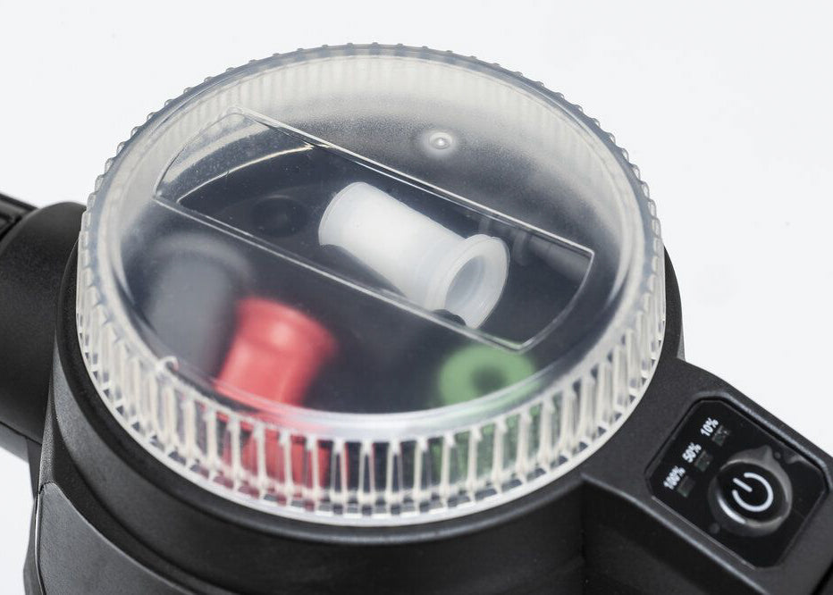 our foaming, electric hand sprayer has a storage compartment for replacement nozzles