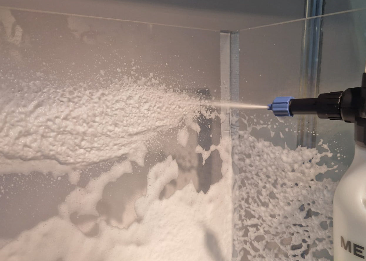 spraying a dense foaming cleaning chemical with our battery powered sprayer that has a 2 litre fill capacity