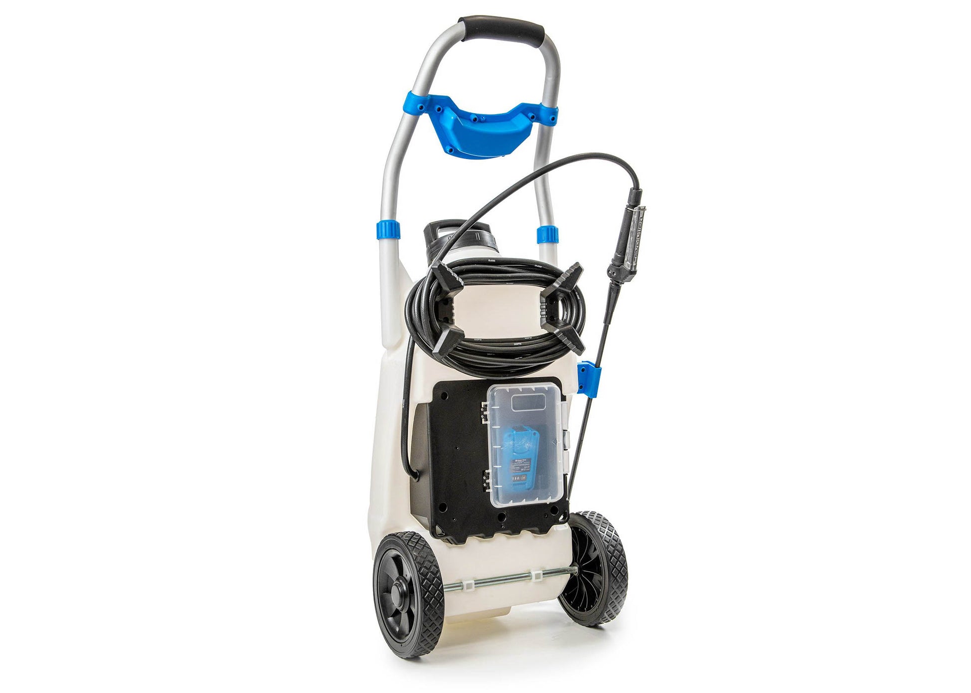 rear view of our large electric sprayer showing the hose containment and battery compartment