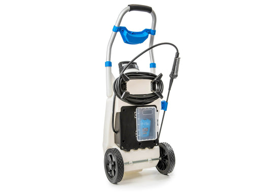 rear view of our large electric sprayer showing the hose containment and battery compartment