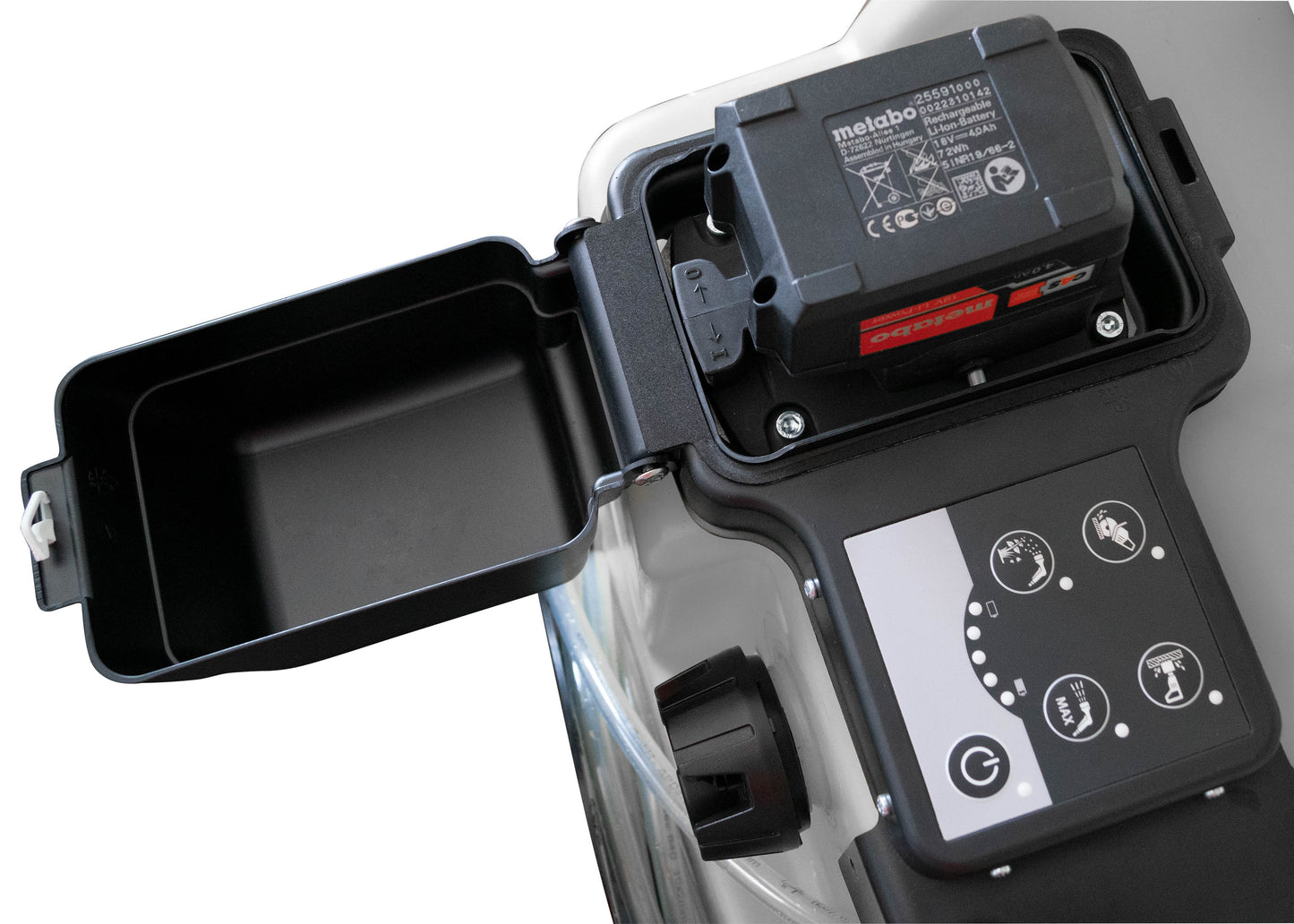 photo showing the battery compartment of our 60 litre capacity water tank