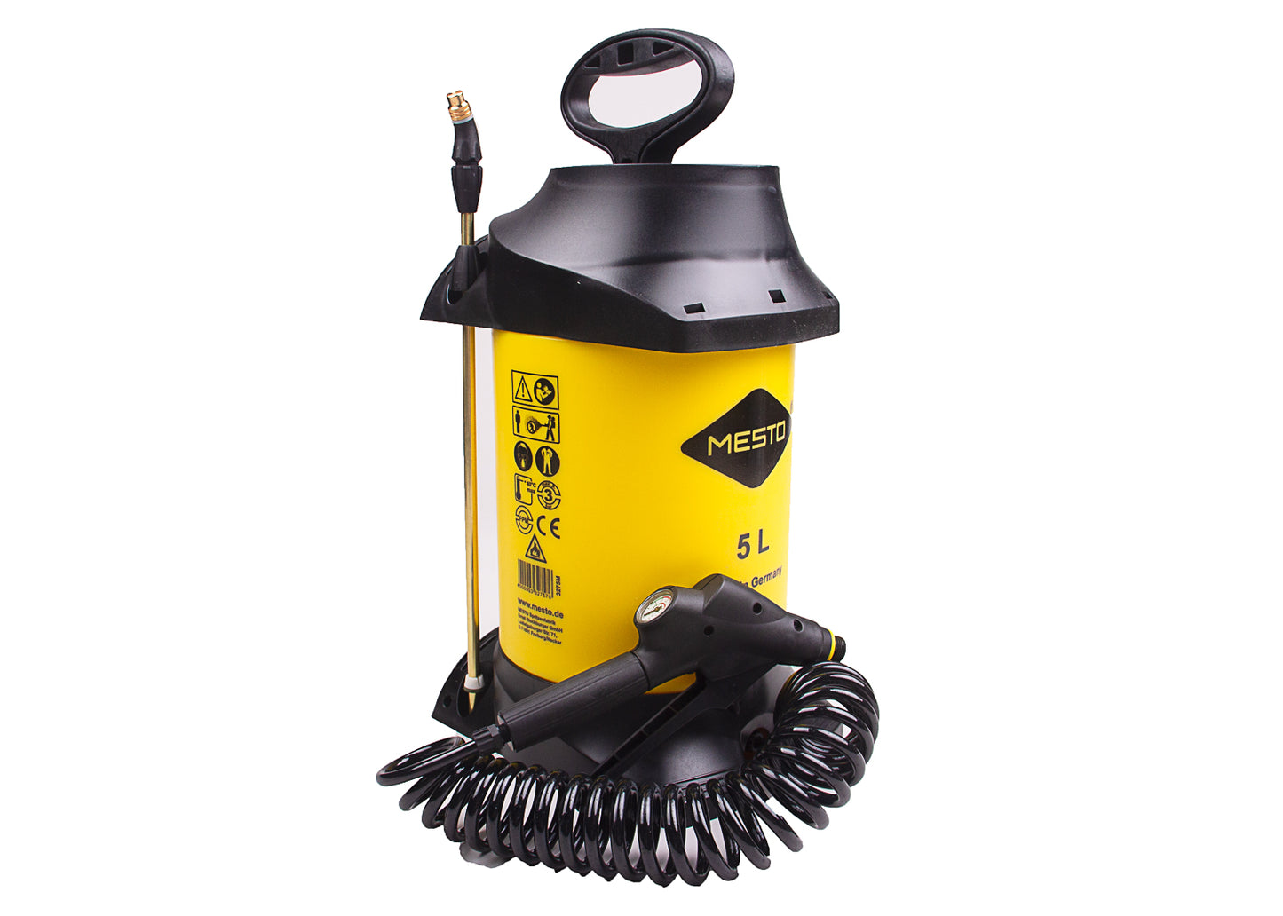 our heavy duty 5 litre garden sprayer with 2.5 metre recoil hose and brass nozzle