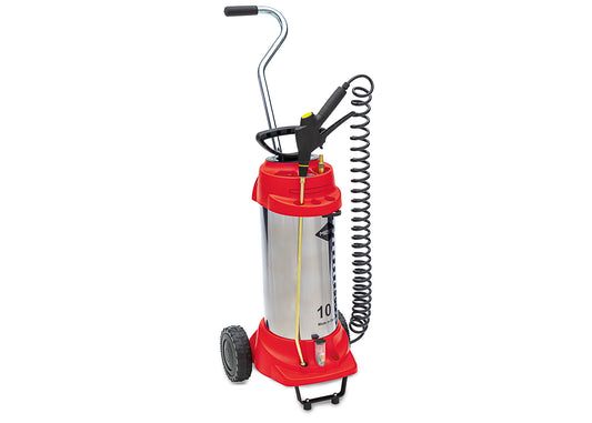 stainless steel sprayer mounted on a trolley for easy movement
