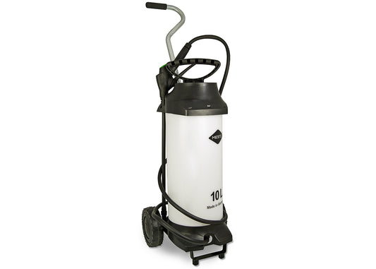 photo showing a plastic chemical sprayer mounted on a trolley for easy movement