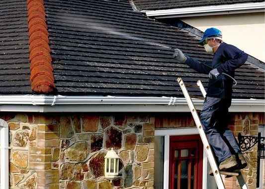 spraying a roof with moss killing solutions with our atlas hand sprayer