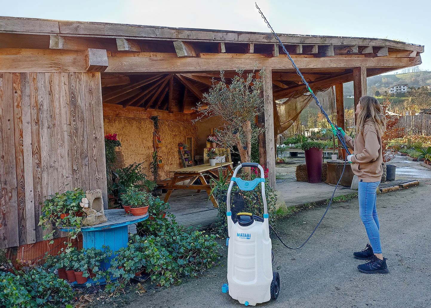 our mobile electric sprayer being used with a long telescopic lance to spray a roof with moss killer