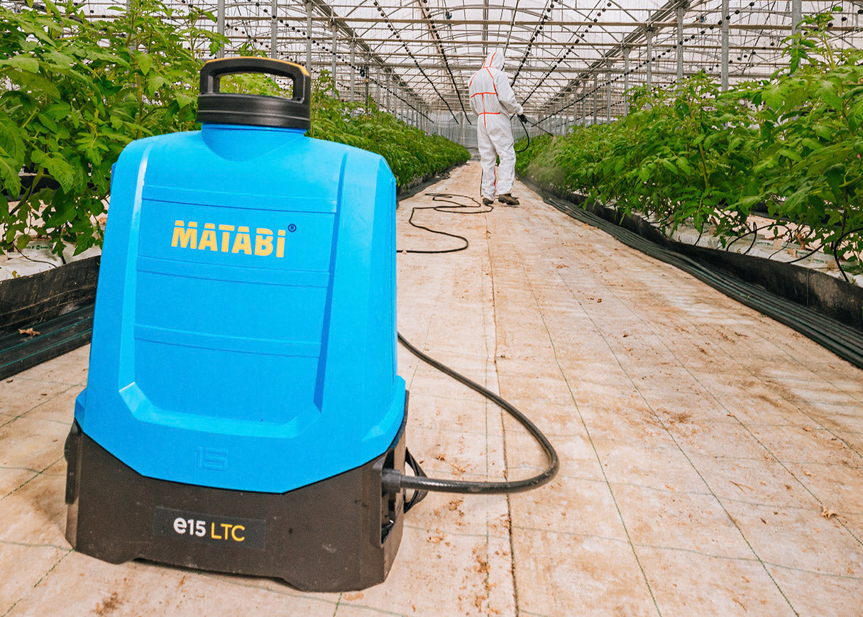 our electric backpack sprayer being used with the six metre hose extension