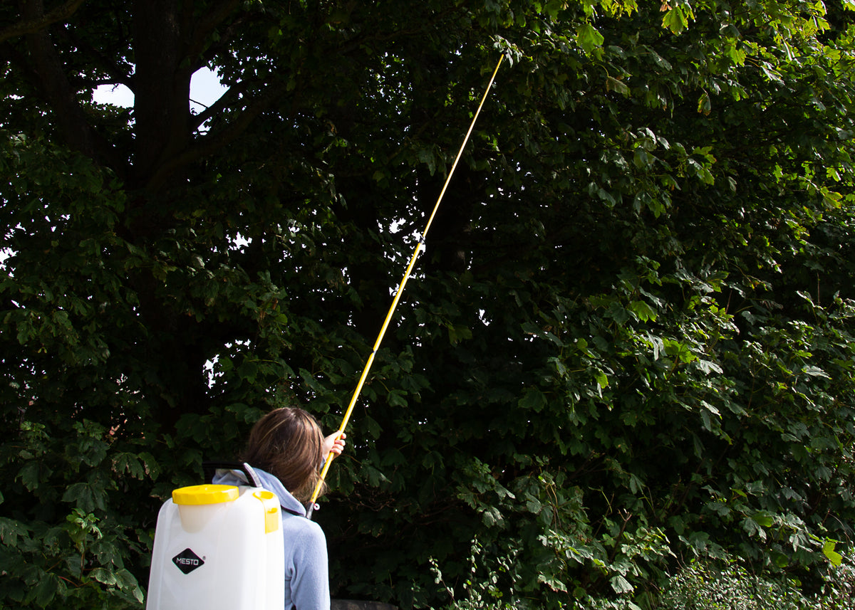 the backpack sprayer being used with the 2.5 metre telescopic lance to spray into leaf foliage