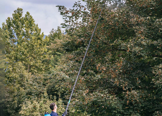 long telescopic spraying lance reaching into tree branches to spray